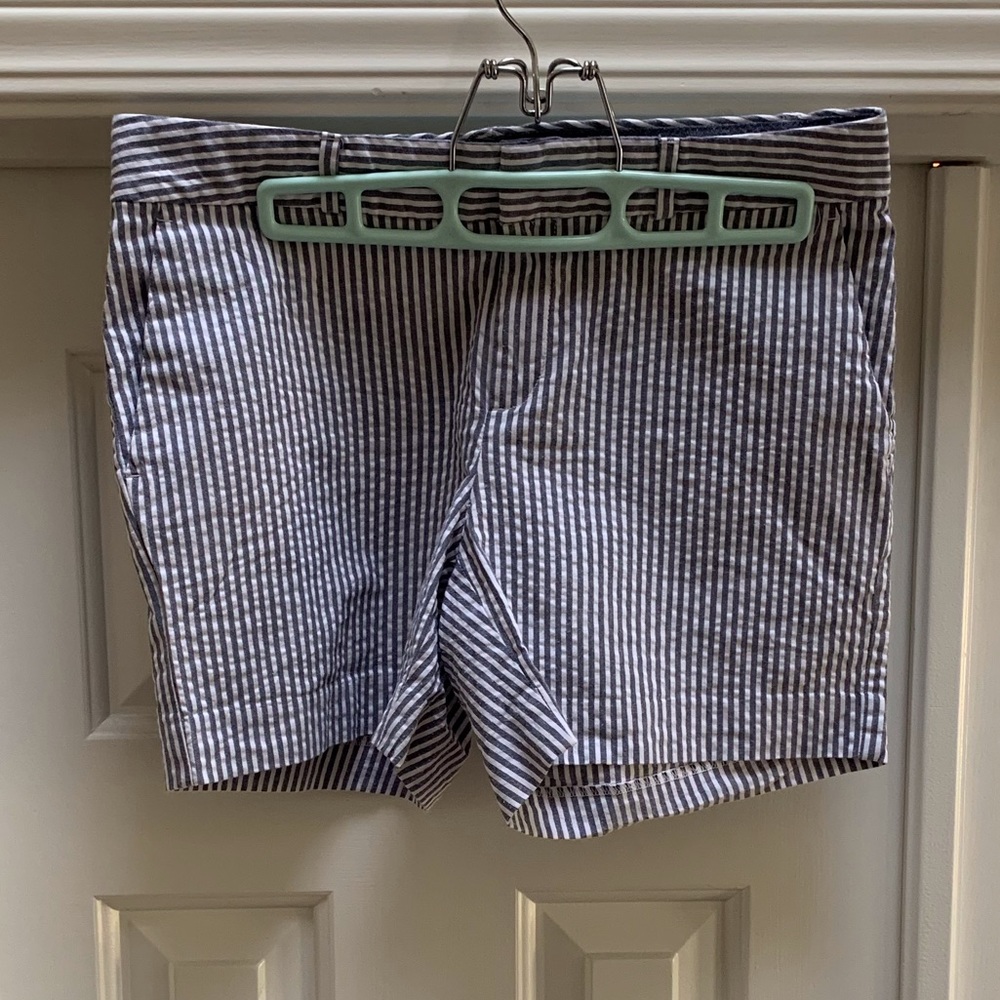 Banana Republic Gray + White Striped Midi Shorts